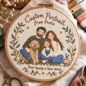 Patrón de bordado de retrato personalizado a partir de una foto, diseño de bastidor de bordado a mano personalizado para mascotas familiares en formato PDF.
