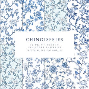 Puede incluir: Un conjunto de 12 patrones sin costuras con diseño Chinoiserie. Los diseños presentan motivos florales y de aves azules sobre un fondo blanco. La imagen incluye el texto "CHINOISERIES" y "12 PRINT DESIGN SEAMLESS PATTERNS".