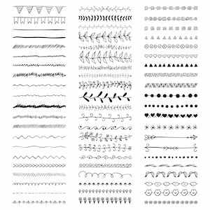 Puede incluir: Una colección de 24 líneas divisorias dibujadas a mano en blanco y negro. Las líneas son de varios estilos, incluyendo onduladas, rectas, en zigzag y florales.