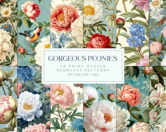 Könnte beinhalten: Eine digitale Collage aus 16 nahtlosen Mustern mit verschiedenen Blumendesigns mit Pfingstrosen, Lilien und anderen Blumen in Rosa-, Weiß- und Blautönen. Der Text "GORGEOUS PEONIES 16 PRINT DESIGN SEAMLESS PATTERNS JPG 300 DPI + PAT" wird in der Mitte des Bildes angezeigt.