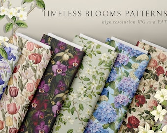Patrones florales botánicos vintage y imágenes prediseñadas, imágenes prediseñadas de patrones de estilo del siglo XVIII, ilustraciones, patrones de impresión bajo demanda, patrones de flores