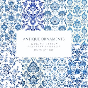 Adornos arabescos antiguos Patrones sin costuras vintage Impresión a la carta Patrones de diseño Chinoiseries Arte barroco victoriano Toile de jouy azul