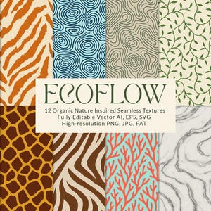May include: A collection of 12 organic nature-inspired seamless textures. The patterns include wood grain, zebra stripes, swirling lines, and botanical designs. The image also includes the text "ECOFLOW" and details about the textures.