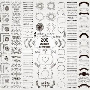 Puede incluir: Un conjunto de 200 elementos vectoriales dibujados a mano, que incluyen flechas, marcos, bordes, espirales, estrellas, corazones y diseños florales. Estas ilustraciones en blanco y negro son perfectas para agregar un toque de fantasía a tus proyectos.