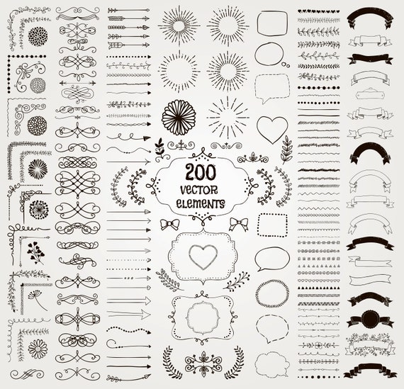 Set of 200 hand sketched rustic decorative doodle design. Individual vector elements (eps, ai, svg) + png elements on transparent background
