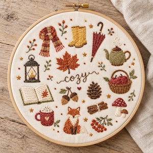 Herbstliches Stickmuster (PDF): Gemütliche Herbst-Handstickerei im Cottagecore-Stil mit rundem Stickrahmen – Saisonales DIY-Design