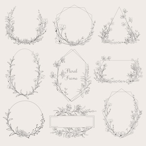 Geometric vector floral frames. Round, oval, triangle, square, borders decorated with hand drawn delicate flowers, branches, leaves, blossom