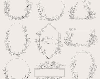 Geometric vector floral frames. Round, oval, triangle, square, borders decorated with hand drawn delicate flowers, branches, leaves, blossom
