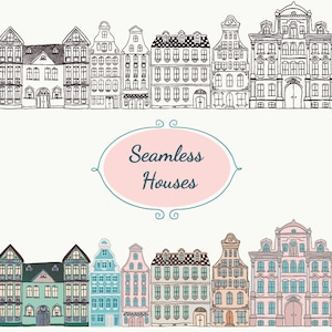 Set of Colorful, Black and White and Chalk Drawing Vintage Old Styled Hand Drawn Doodle Seamless Houses. Vector Illustration.