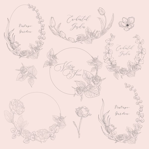 Geometric Vector Floral Frames. SVG, EPS, PNG. Round, oval, square. Borders decorated hand drawn delicate flowers, branches, leaves, blossom