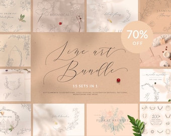 May include: A digital illustration bundle of 15 sets of line art floral designs. The bundle includes 477 elements, illustrations, logo designs, illustrator brushes, patterns, monograms, and more. The text "Line art Bundle" is written in a cursive font. The text "70% off" is written in a bold font.