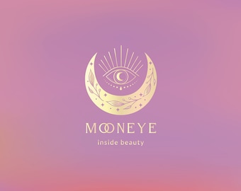 Golden Moon Eye Premade merklogo ontwerp voor blog of klein bedrijf. Boho, mystiek, spiritueel, lijnlogo, maanlogo, gouden logo, ooglogo