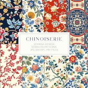 Puede incluir: Un conjunto de 12 patrones digitales sin costuras con diseños de estilo chinoiserie. Los patrones están en una variedad de colores, incluyendo rojo, azul, verde y amarillo. Los patrones presentan motivos florales, formas geométricas y elementos chinos tradicionales. El texto "Chinoiserie 12 Print Design Seamless Patterns JPG 300 DPI, PAT Files" se muestra en el centro de la imagen.
