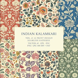 May include: A set of 12 digital seamless patterns featuring Indian Kalamkari designs. The patterns are in various colors, including red, blue, green, and yellow, and feature intricate floral motifs. The patterns are perfect for use in a variety of projects, such as fabric, wallpaper, and stationery.