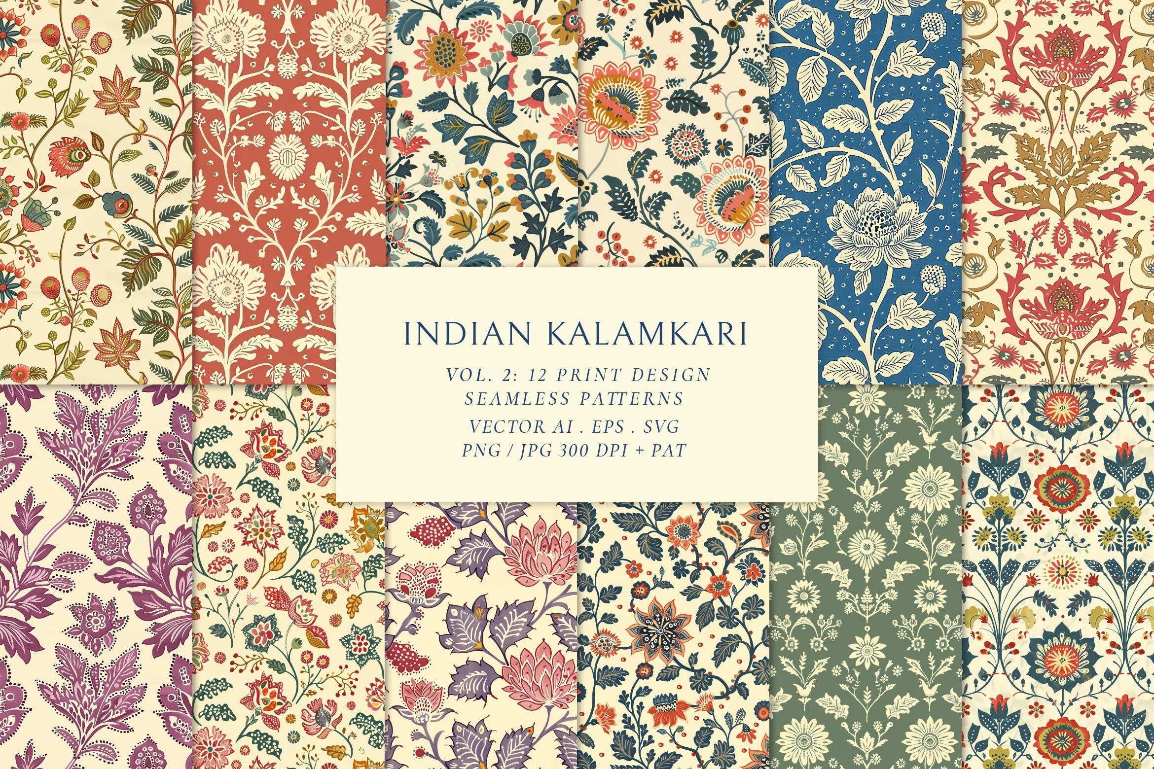 Vector Mystical Mughal Indian Floral Seamless Patterns Kalamkari