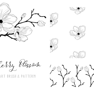 Kersenbloesem 2. Bloemig Design Element. Kleur verstelbare flexibele kunstborstel en naadloze patronen. Vectorillustratie. Natuur. Branding.