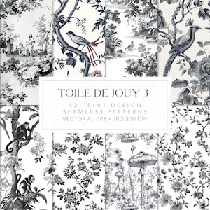 Diseño de estampado Toile de Jouy Patrones sin costuras Patrones de encanto clásico vintage Patrones florales gráficos vectoriales digitales Patrones franceses románticos