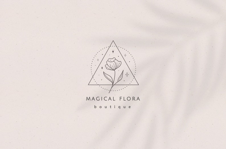 Vorgefertigtes Markenlogo Design für Kleinunternehmer, Line Art Floral Logo Branding, handgezeichnete Blume, Sterne in geometrischem Dreieck und runden Rahmen Bild 1