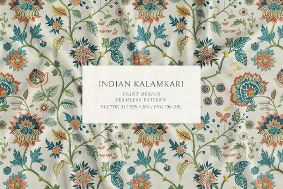 Mystical Mughal Indian Floral Seamless Pattern Kalamkari Art