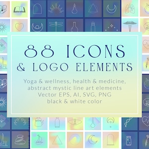 88 Icons, Logo Design Elements and Illustrations. Yoga, Wellness, Health, Medicine, Abstract Mystic line art. Buddha, Lotus, Herbs. Tattoo.