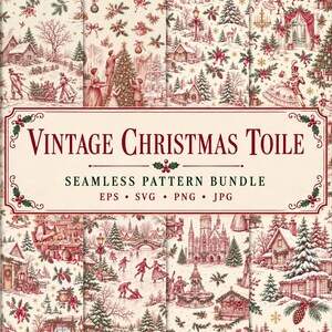 Vintage jul Toile sömlösa mönster bunt, digitalt semesterpapper, festlig vintervektormönstersamling