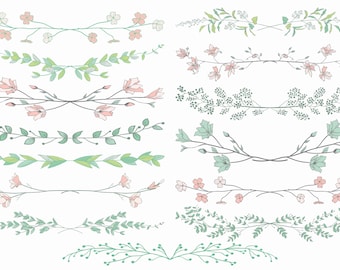 Colorful Hand Drawn Floral Dividers, Line Borders with Branches, Herbs, Plants and Flowers. Decorative Vector Illustration. Floral Dividers.