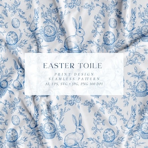 Easter Blue Toile Seamless Pattern. Lovely Easter Blue Floral Toile de Jouy Seamless Pattern with cute bunny and Easter eggs Print design