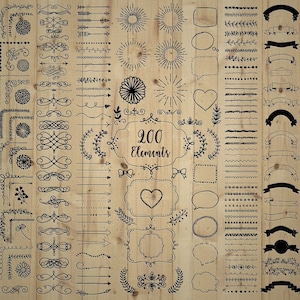 May include: A collection of 200 hand-drawn design elements in black on a wood background. The elements include arrows, swirls, frames, borders, stars, hearts, and banners.