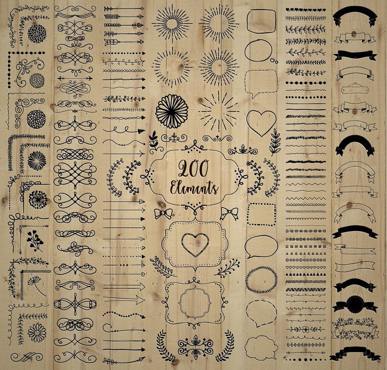 May include: A collection of 200 hand-drawn design elements in black on a wood background. The elements include arrows, swirls, frames, borders, stars, hearts, and banners.
