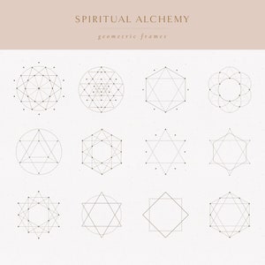 以下が含まれることがあります： 黒と白の幾何学的なフレームのセットで、上部に「SPIRITUAL ALCHEMY geometric frames」というテキストがあります。