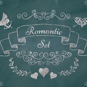 May include: A chalkboard with a white chalk drawing of a romantic set of illustrations. The set includes a banner with the words "Romantic Set", a cupid with an arrow, hearts, and swirls.