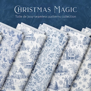 Könnte beinhalten: Eine Sammlung gefalteter Stoffmuster mit blau-weißen Toile-de-Jouy-Mustern mit Weihnachtsmotiven. Die Muster zeigen Winterszenen, Häuser und florale Designs. Die Worte "Christmas Magic" und "Toile de jouy seamless patterns collection" sind zu sehen.
