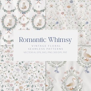 Op de afbeelding: Een verzameling vintage naadloze bloempatronen met een romantisch thema. De patronen bevatten illustraties van katten, ganzen en bloemstukken in zachte pastelkleuren. De tekst "Romantic Whimsy" wordt in het midden weergegeven.