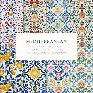 Könnte beinhalten: Ein Set mit 12 nahtlosen Mustern im mediterranen Stil mit floralen, geometrischen und Zitrusmotiven in einer lebendigen Farbpalette aus Blau, Gelb, Rot und Grün. Die Muster eignen sich perfekt für die Erstellung digitaler oder gedruckter Projekte.
