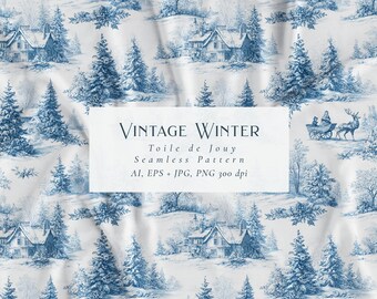 Motivo invernale vintage in tela senza cuciture, scena di villaggio innevato blu bianco, motivo natalizio vettoriale, paesaggio in tela modificabile, stampa invernale in cottage