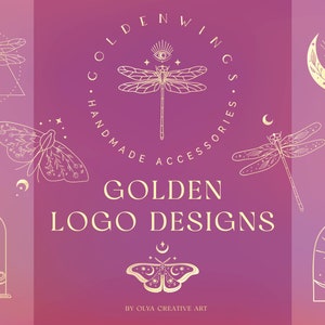 Può includere: Una collezione di design di loghi dorati con una libellula, una farfalla, una luna e altri elementi ispirati alla natura. Il testo "Golden Wings Handmade Accessories" e "Golden Logo Designs" è incluso nell'immagine.