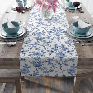 Table Runner, Blue Toile de Jouy French Country Farmhouse Decor Linen - Vintage Floral Print, Kitchen Dining Runner for Home Decor