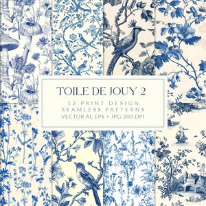 Può includere: Dodici motivi senza cuciture toile de jouy blu e bianchi con motivi floreali, di uccelli e funghi. I motivi sono perfetti per progetti di artigianato, scrapbooking e arredamento della casa. "Toile de Jouy 2" e "12 Print Design Seamless Patterns Vector AI, EPS + JPG 300 DPI" sono scritti in bianco su sfondo bianco.