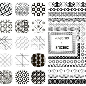 Puede incluir: Un conjunto de 24 patrones y pinceles geométricos en blanco y negro. Los patrones están en círculos y cuadrados, y los pinceles son de varias formas y tamaños. El texto "patterns + brushes" está en el centro de la imagen.