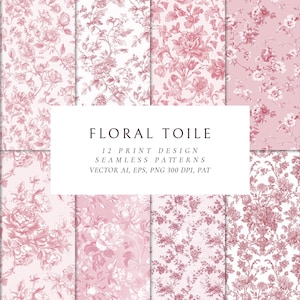 Pode incluir: Uma coleção de 12 padrões florais toile sem costura em tons de rosa e branco. Os designs apresentam vários arranjos florais, incluindo rosas. A imagem inclui o texto "FLORAL TOILE" e detalhes sobre o design de impressão.