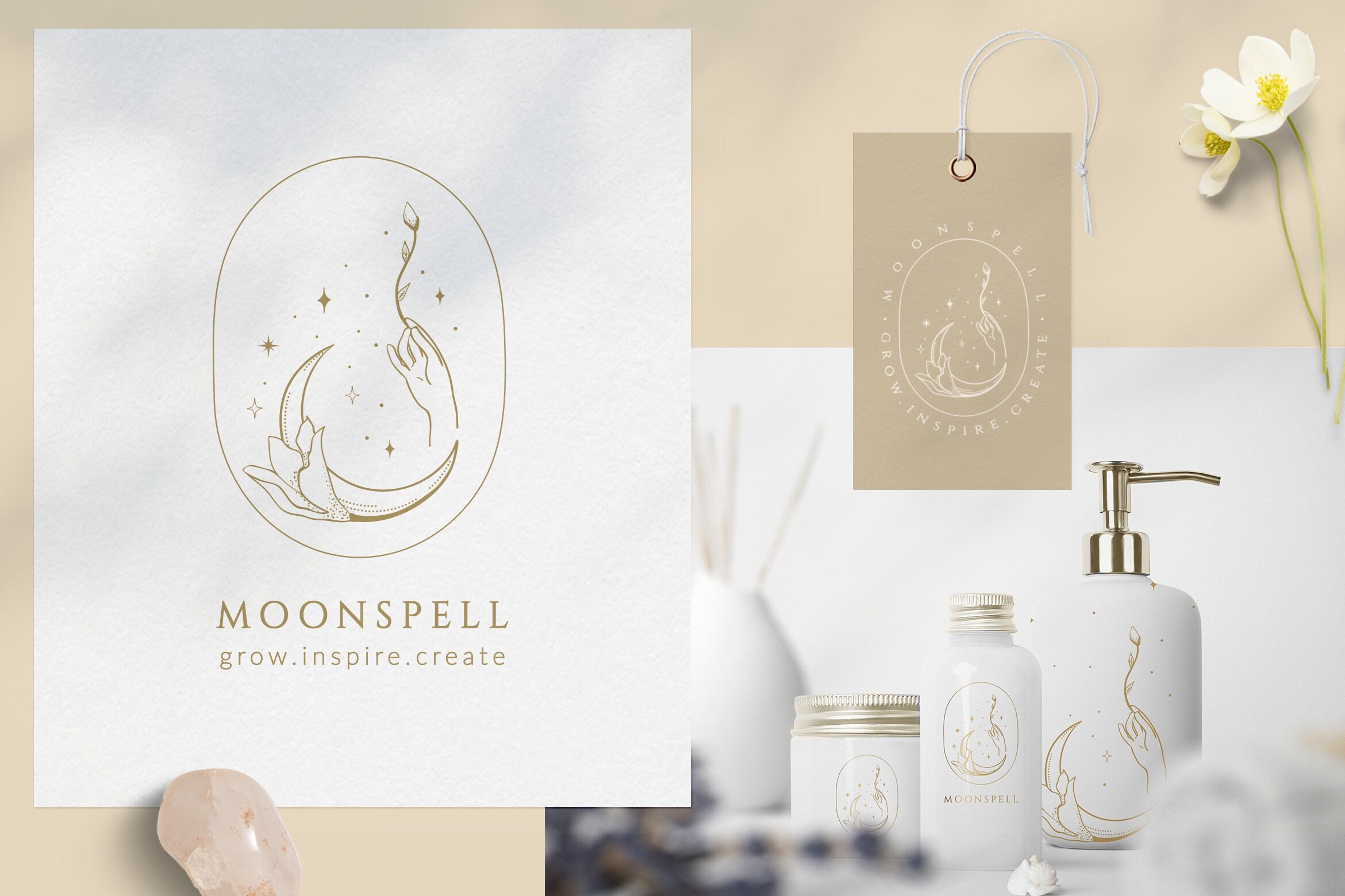 Vooraf gemaakt maanmerklogo en verpakkingsontwerp voor blog of klein bedrijf, lijntekeningen spiritueel logo branding, yoga, apotheek, boetiek, kunst