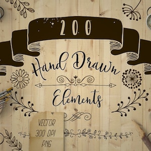 May include: A collection of 200 hand-drawn elements, including flowers, leaves, swirls, and arrows. The elements are in black and white and are perfect for adding a touch of whimsy to your designs.