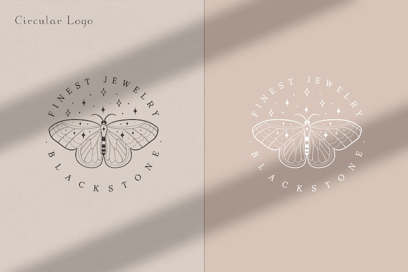 Premade Moon Butterfly Brand Logo Design for Blog or Small Business, Line Art Nature Spiritual Logo Branding, Feminine, Gemstone, Jewelry Circular Logo