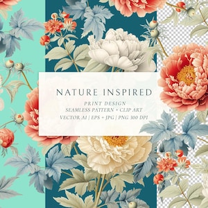 Diseño de estampado de peonías Patrón sin costuras Fondo floral Impresión a pedido Diseño de tela Flores vintage Patrones de papel tapiz sin costuras