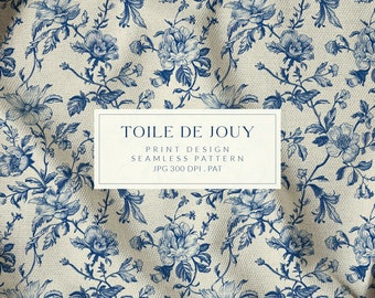 Toile de Jouy vintage impression sans couture motif floral français romantique motifs fleurs dessinés à la main toile bleue papier peint sans couture
