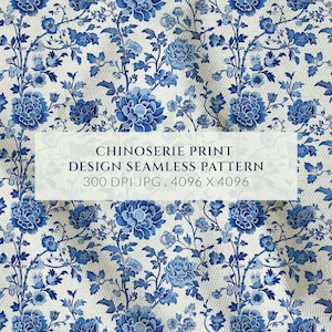Può includere: Un motivo senza cuciture con una stampa chinoiserie blu e bianca con motivi floreali. Il motivo è di 4096 x 4096 pixel e 300 DPI.