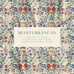 Op de afbeelding: Een naadloos patroonontwerp met een mediterrane thema. Het ontwerp heeft een herhalend bloemenpatroon in rood, blauw, geel en groen op een crèmekleurige achtergrond. De tekst "MEDITERRANEAN PRINT DESIGN SEAMLESS PATTERN" wordt weergegeven.