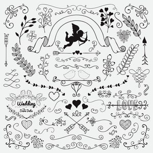 Hand-drawn corners, amur, swirls, birds, borders, vignettes, arrows, hearts, scroll, ornament, dividers. Editable vector. SVG, EPS, JPG, png