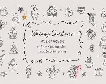 Christmas hand drawn whimsical line art icons patterns collection Xmas vector illustrations Canva editable templates New Year doodle symbols