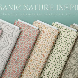 May include: A collection of eco-friendly seamless textures with an organic nature-inspired theme. The designs include patterns of marble, coral, terrazzo, leaves, and topographic lines. The color palette features pink, gray, red, beige, green, and blue tones. The text at the top reads "ORGANIC NATURE INSPIRED".